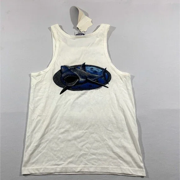 VTG Bugle Boys Tank Top Shirt Print White Sleeveless 90's Shark Mens Sz M NWT - Picture 10 of 10